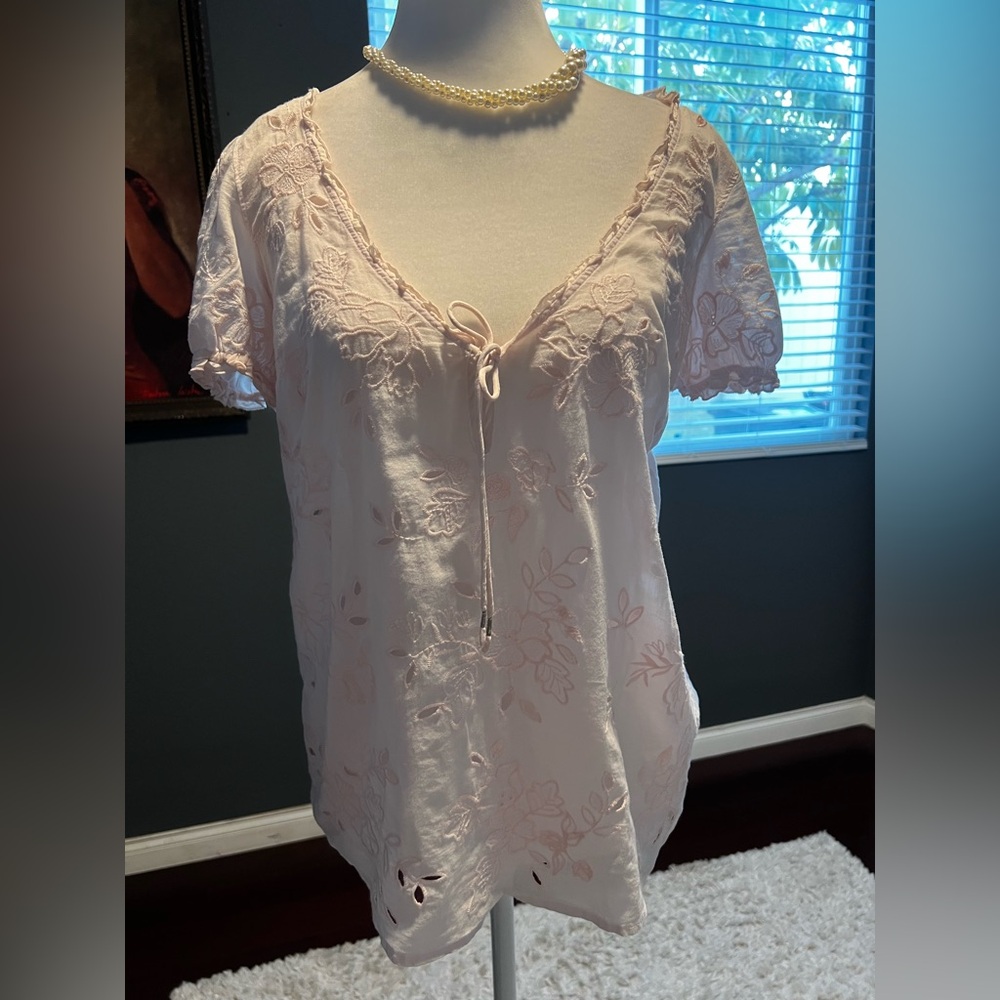 Abercrombie & Fitch Light Pink Embroidered V-Neck Peasant Blouse